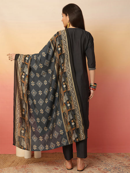 Women Black Silk Hand Work Yoke Solid Kurta with Trouser & Dupatta