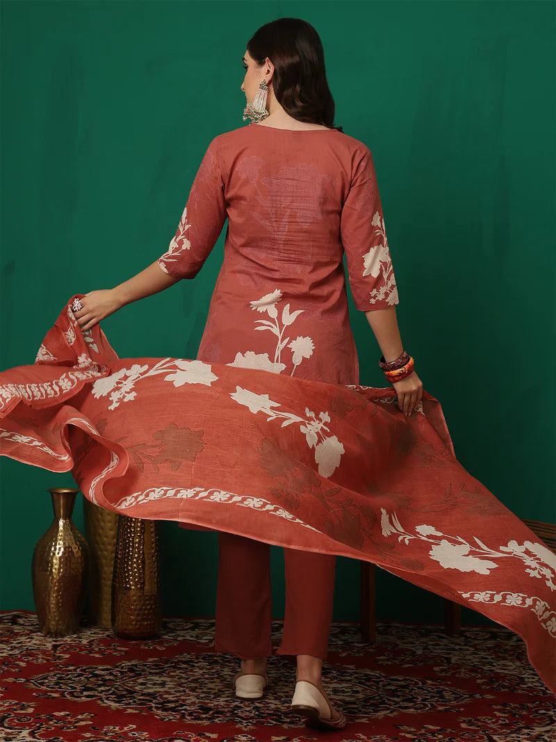 Women Cotton Printed Patch Work Kurta with Trouser & Dupatta