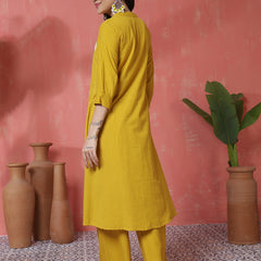 Women Mustard Solid Cotton A-line Kurta with Palazzo Set