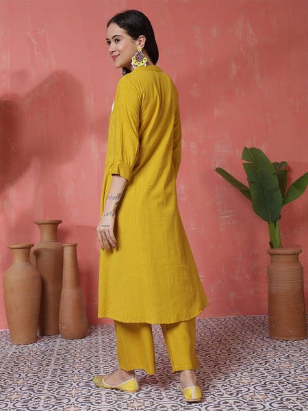 Women Mustard Solid Cotton A-line Kurta with Palazzo Set