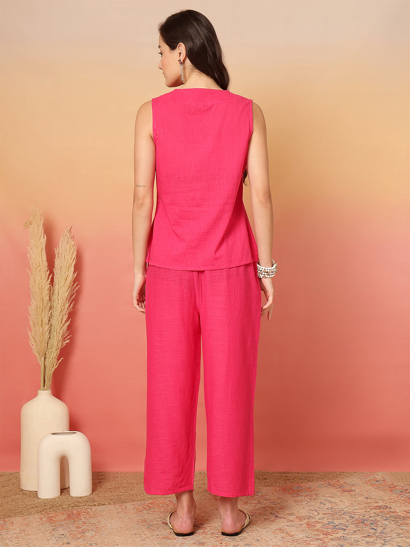 Women Cotton Pink Embroidery Top with Trouser Co-ord Set