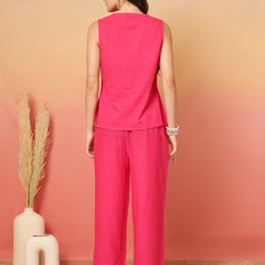 Women Cotton Pink Embroidery Top with Trouser Co-ord Set