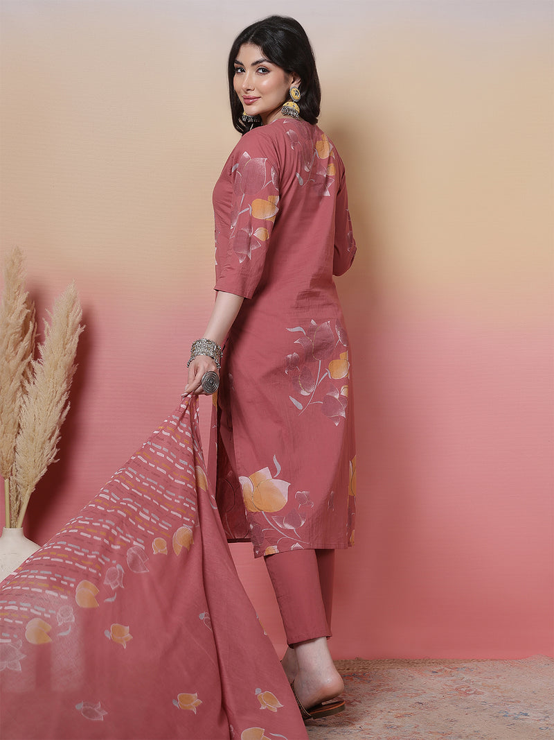 Women Coral Cotton Placement Printed Hand Work Kurta with Trouser & Dupatta