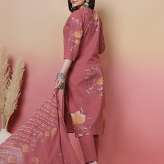 Women Coral Cotton Placement Printed Hand Work Kurta with Trouser & Dupatta
