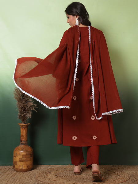 Women Cotton Rust Anarkali Embroidery Kurta with Trouser & Dupatta