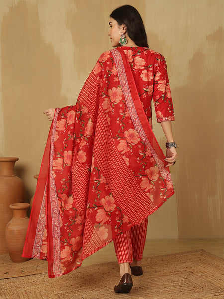 Women Red Floral Printed Yoke Embroidery V-neck Kurta With Trouser & Dupatta