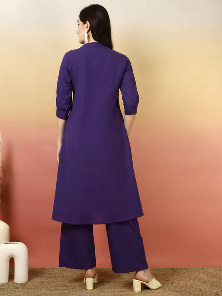Women Solid Cotton Flex A-line Pocket Kurta with Palazzo Set