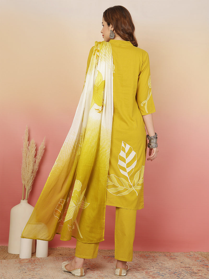 ANAISA Women Cotton Placement Print Straight Kurta with Trouser & Dupatta