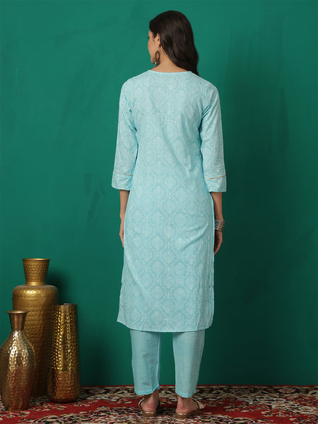 Women Turquoise Blue Cotton Printed Straight Kurta with Trouser