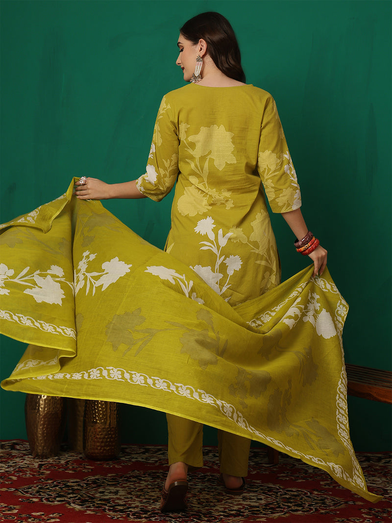 Women Cotton Printed Patch Work Kurta with Trouser & Dupatta