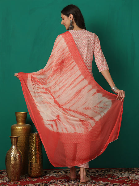Women Orange Cotton Printed, Round Neck, 3/4 Sleeves, Calf Length Kurta with Trouser & Dupatta