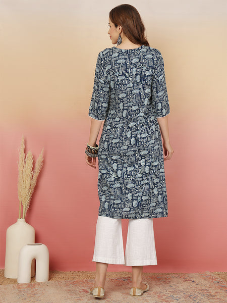 Women Grey Viscose Rayon Printed Regular Kurta