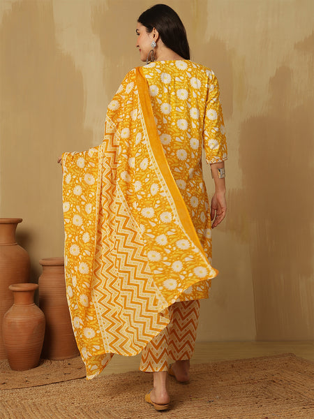 Women Floral Printed Mustard Kurta With Trouser & Dupatta