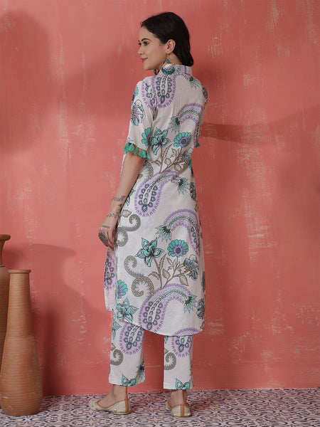 Women Green Pure Cotton Floral Printed Kurta with Trouser