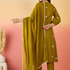 Women Mustard Pure Cotton Embroidery Yoke Anarkali Kurta with Trouser & Dupatta