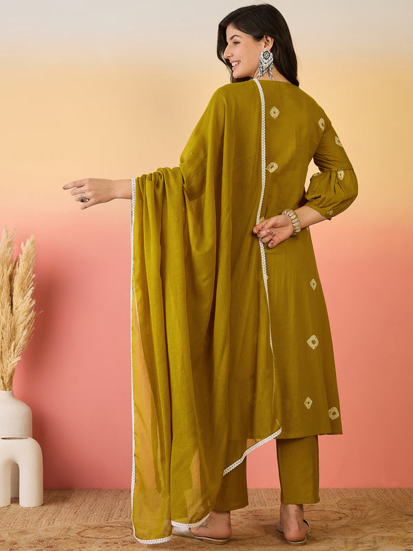 Women Mustard Pure Cotton Embroidery Yoke Anarkali Kurta with Trouser & Dupatta