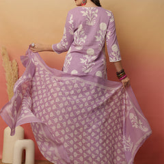 Women Lavender Cotton Printed Round Neck Straight Kurta with Trouser & Dupatta
