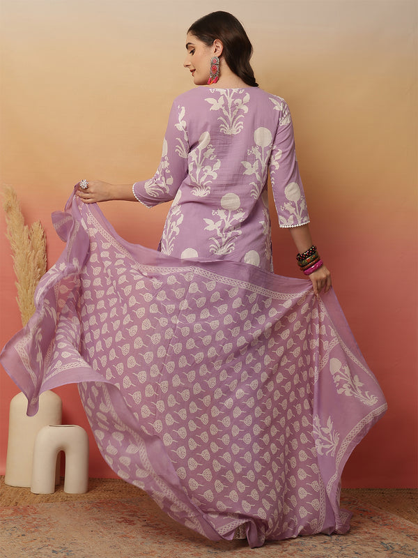 Women Lavender Cotton Printed Round Neck Straight Kurta with Trouser & Dupatta