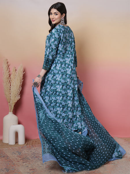 Women Blue Cotton Printed Anarkali Hand work Yoke with Trouser & Dupatta