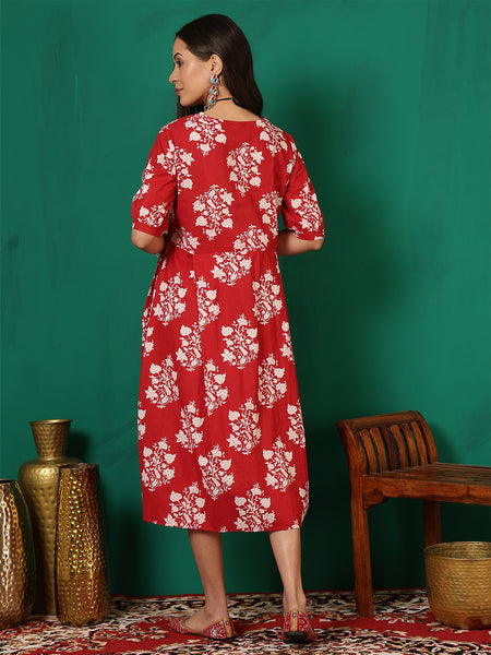 Women Cotton Red Printed Summer Dress