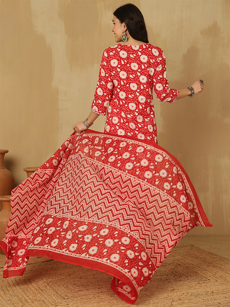Women Floral Printed Red Kurta with Trouser & Dupatta