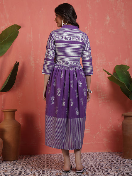 Women Purple Silver Printed, Mirror work, V-neck, Calf Length, A-line Dress