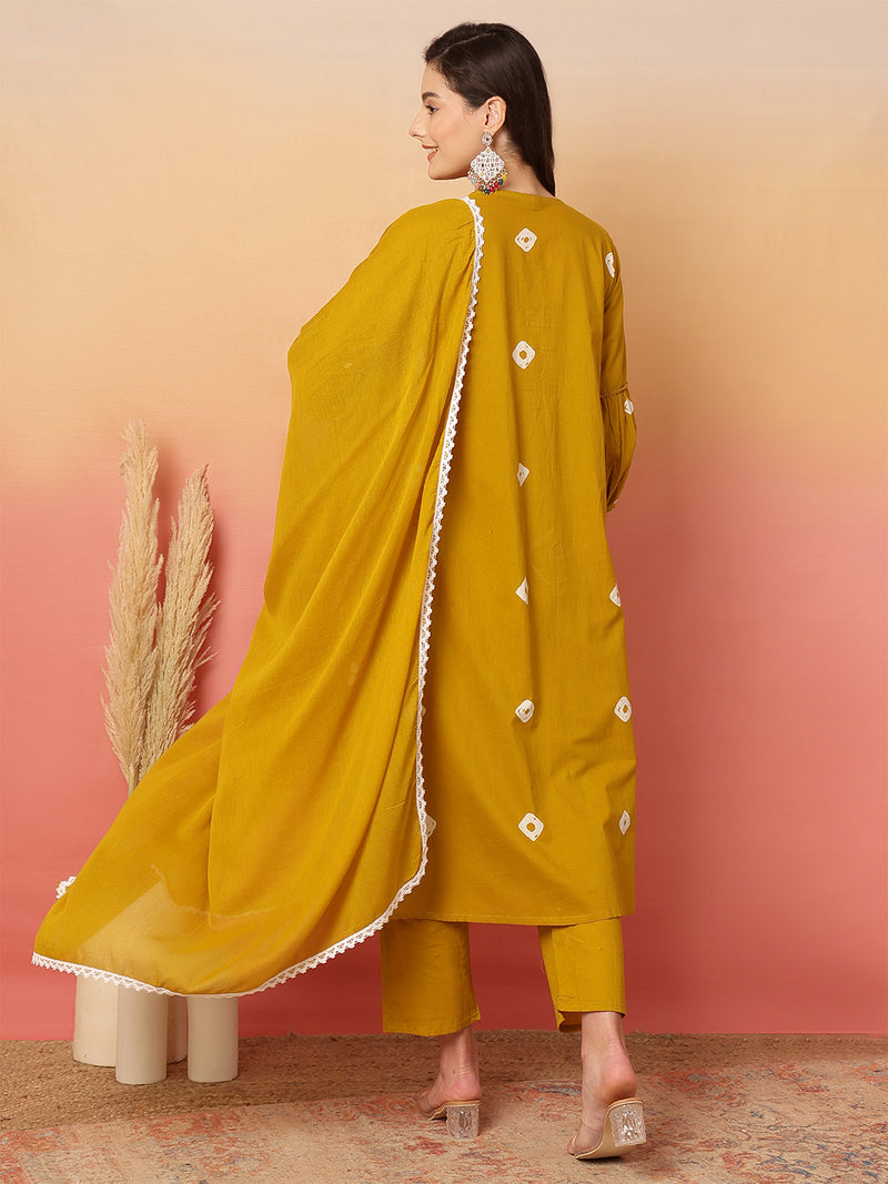 Women Cotton Mustard Embroidery Anarkali Kurta with Trouser & Dupatta