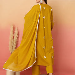 Women Cotton Mustard Embroidery Anarkali Kurta with Trouser & Dupatta