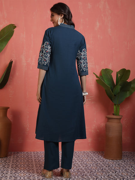 Women Cotton Flex Teal Figure Embroidery A-line Kurta with Trouser