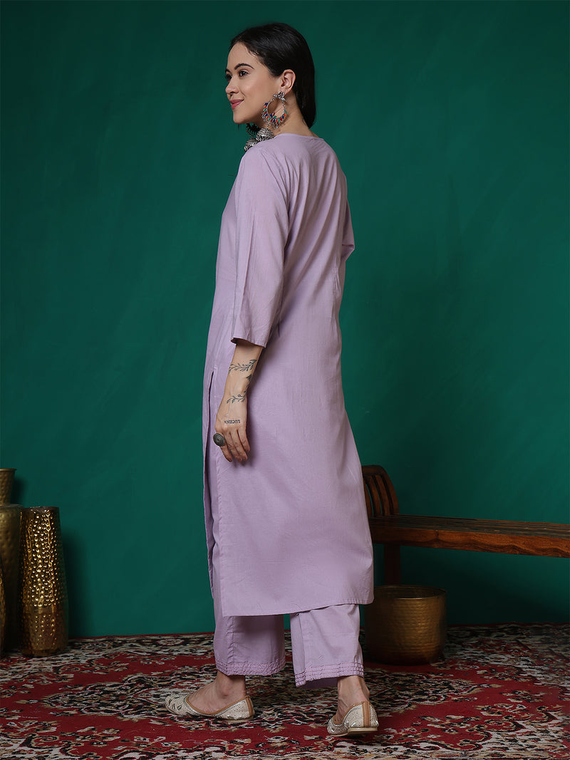 Women Lavender Cotton Flex Pocket Embroidery Kurta with Trouser Set
