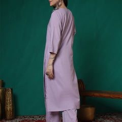 Women Lavender Cotton Flex Pocket Embroidery Kurta with Trouser Set