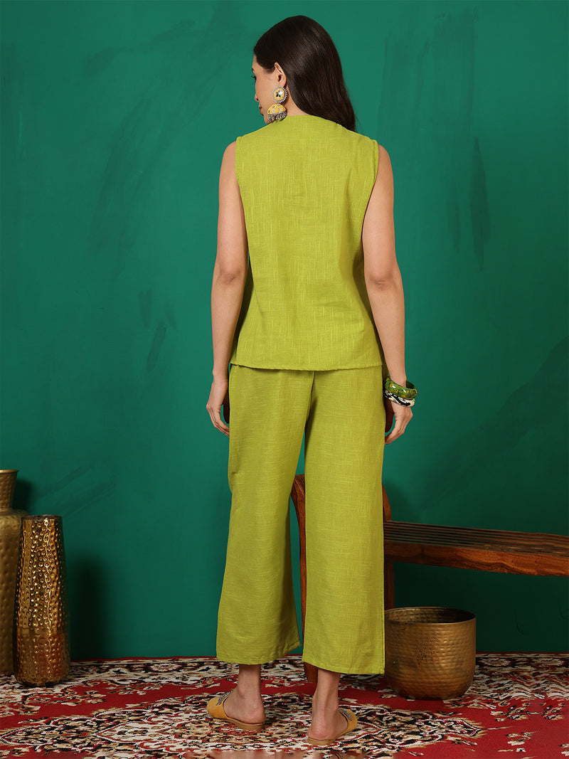 Women Cotton Lime Green Embroidery Top with Trouser Co-ord Set