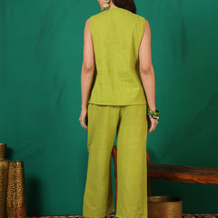 Women Cotton Lime Green Embroidery Top with Trouser Co-ord Set