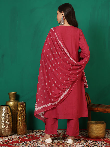 Women Rani Pink Cotton Discharge Printed A-line Kurta With Dupatta