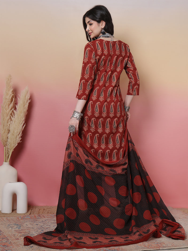 Women Black Block Printed Kurta with Trouser & Dupatta