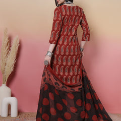Women Black Block Printed Kurta with Trouser & Dupatta