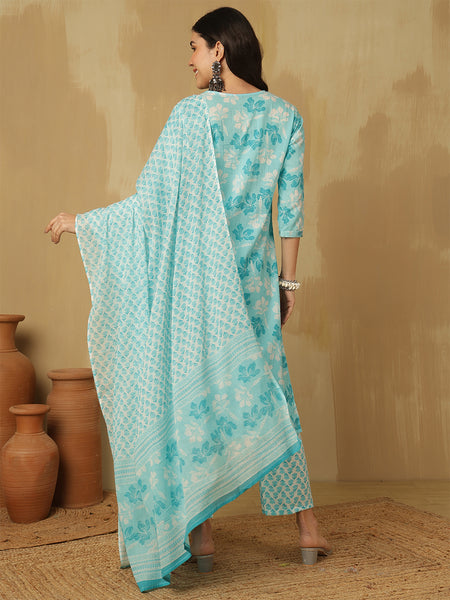Women Sky Blue Cotton Embroidery Kurta With Trouser & Dupatta