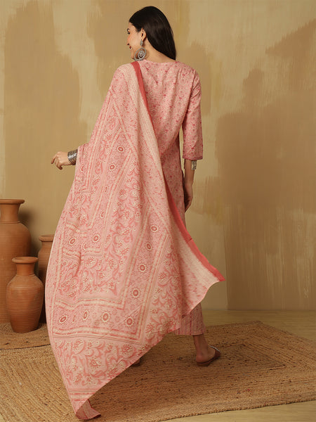 Women Pink Yoke Embroidery Printed kurta with trouser & dupatta