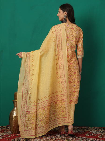 Women Yellow Cotton Round Neck, 3/4 Sleeves, Calf Length, Printed Kurta with Trouser & Dupatta