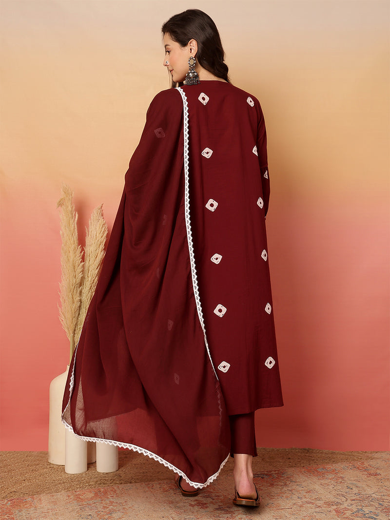 Women Cotton Maroon Embroidery Anarkali Kurta with Trouser & Dupatta