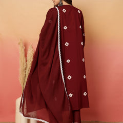 Women Cotton Maroon Embroidery Anarkali Kurta with Trouser & Dupatta