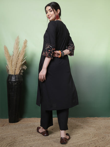 Women Black Solid Embroidery Cotton Kurta with Trouser