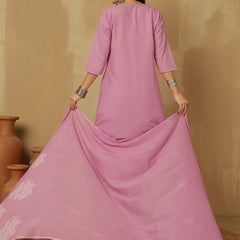 Women Pink Cotton Discharge Printed A-line Kurta With Trouser & Dupatta