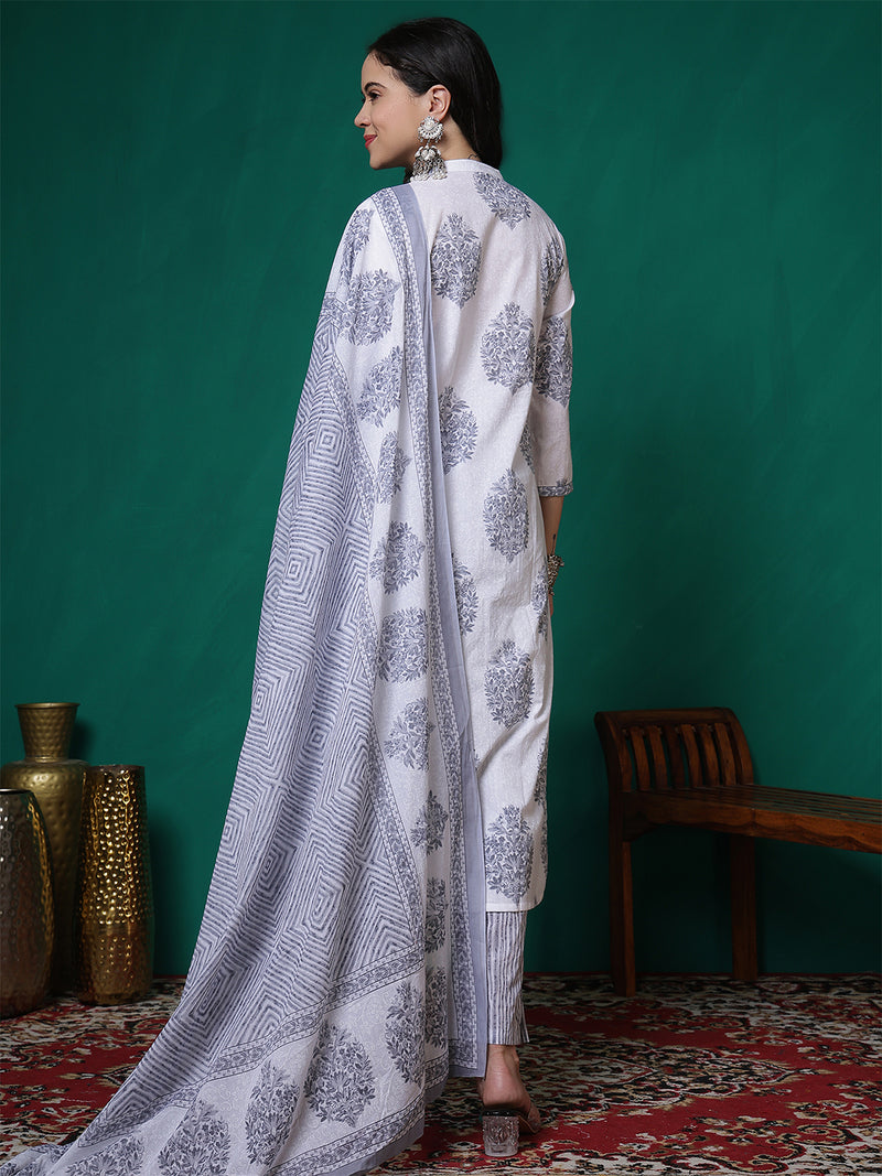 Women Pure Cotton White & Grey Printed Kurta with Trouser & Dupatta