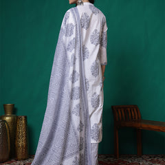 Women Pure Cotton White & Grey Printed Kurta with Trouser & Dupatta