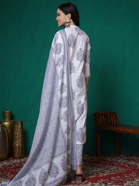 Women Pure Cotton White & Grey Printed Kurta with Trouser & Dupatta