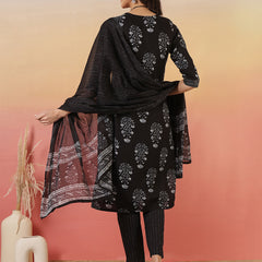 Women Black Cotton Yoke Design Kurta With Trouser & Dupatta
