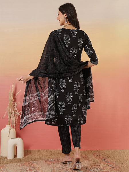 Women Black Cotton Yoke Design Kurta With Trouser & Dupatta