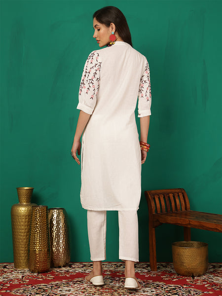 Women White Solid Embroidery Cotton Flex Kurta With Trouser