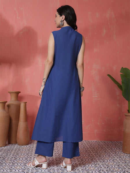 Women Royal Blue Pure Cotton Embroidery Kurta with attached sleeves and Palazzo Set